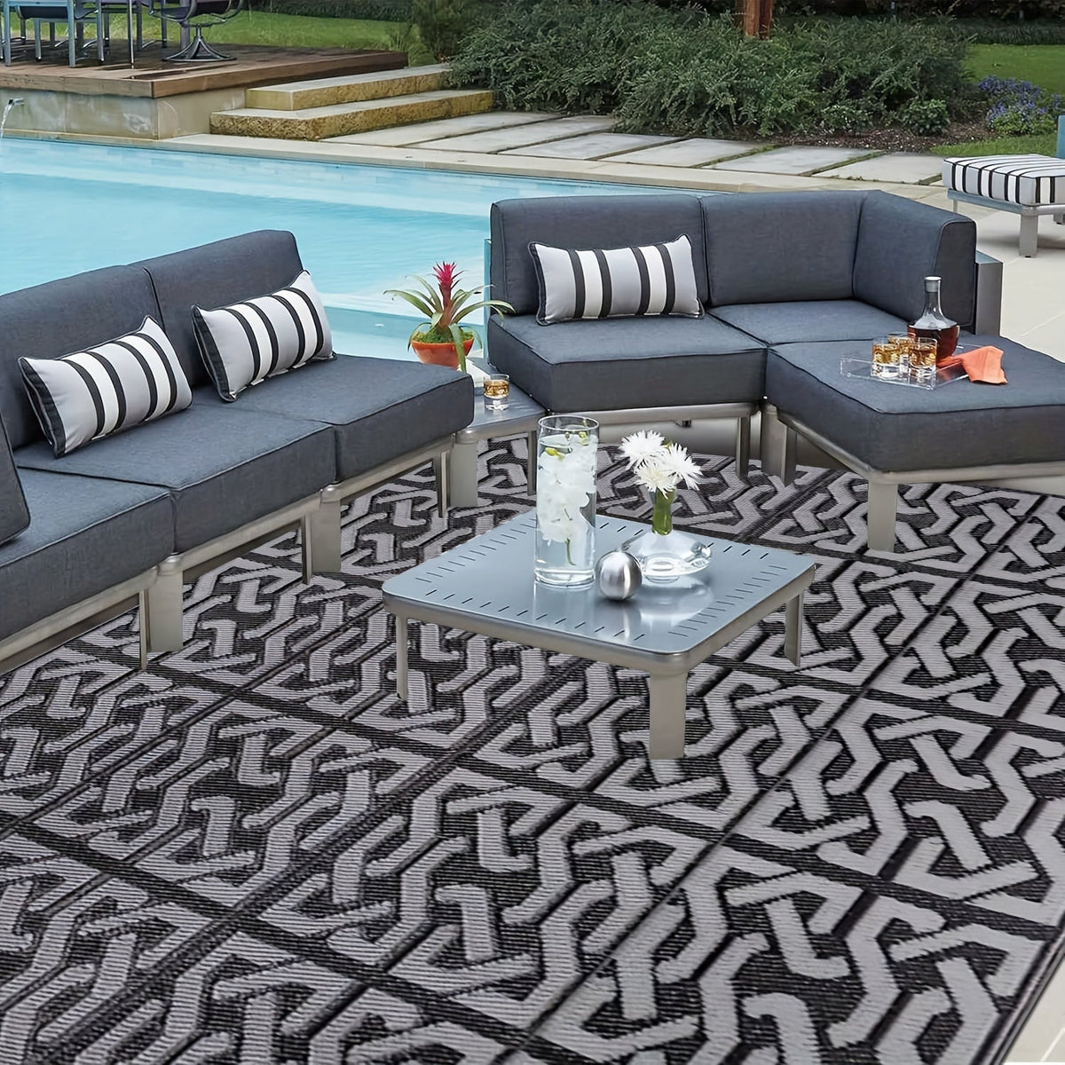 Outdoor Rug Reversible Geometric Black Grey Patio Mat