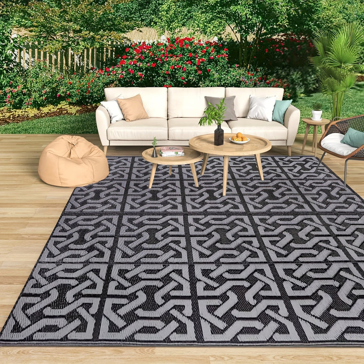 Outdoor Rug Reversible Geometric Black Grey Patio Mat