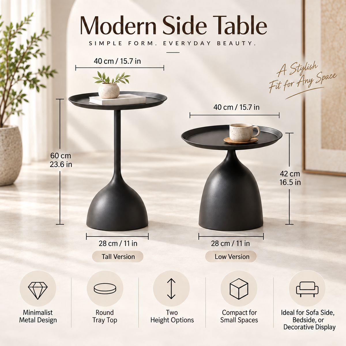 Side Table Round Metal Tray Top Pedestal End Table