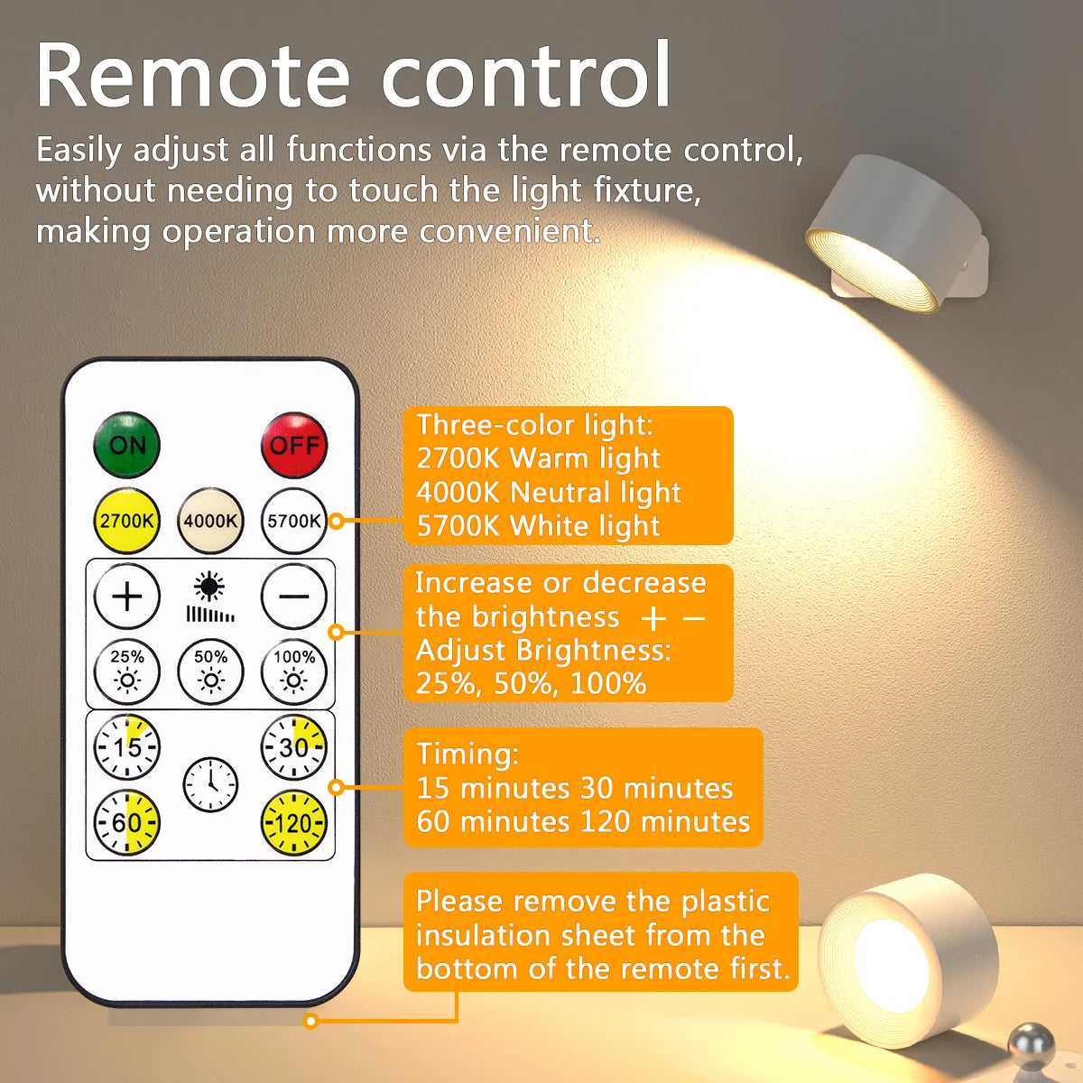 Wall Light Rechargeable LED Remote 3 Colour Dimmable
