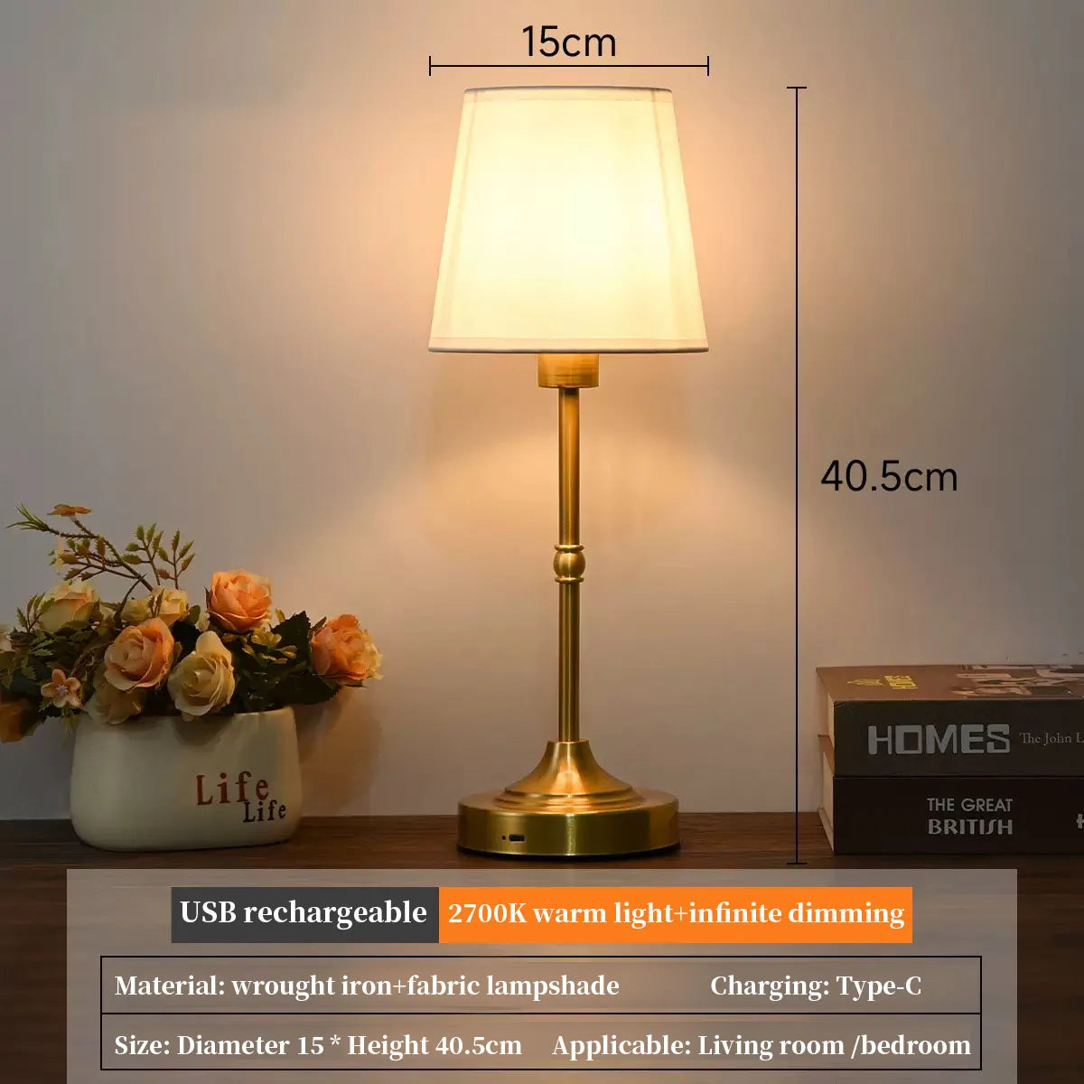 Table Lamp Cordless Rechargeable Fabric 3 Level Touch