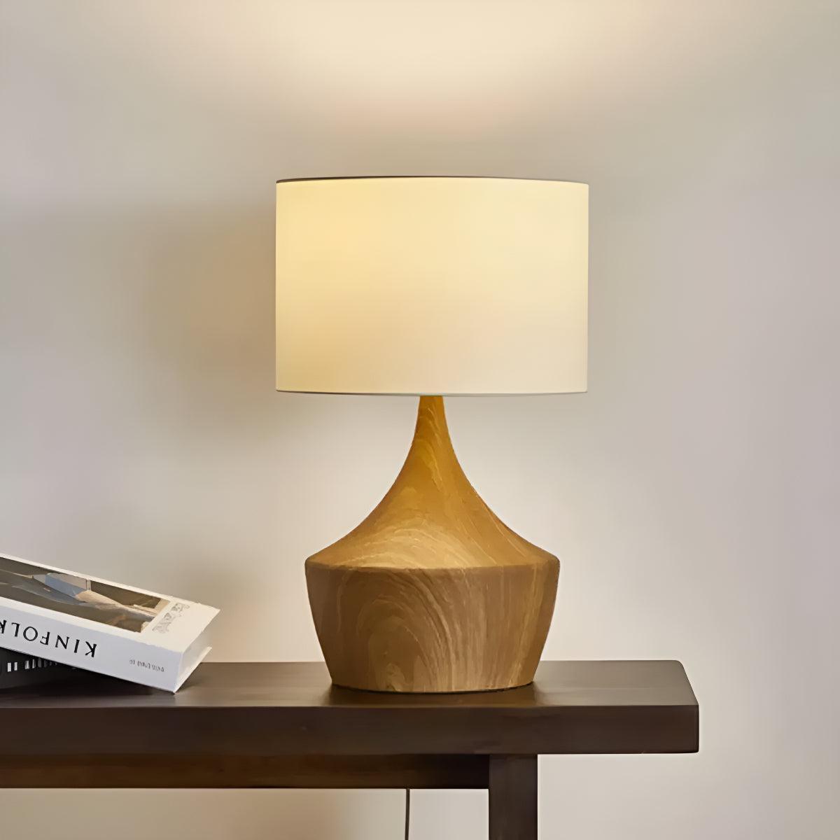 Bedside Table Lamp Oak Japandi Linen Shade Warm LED
