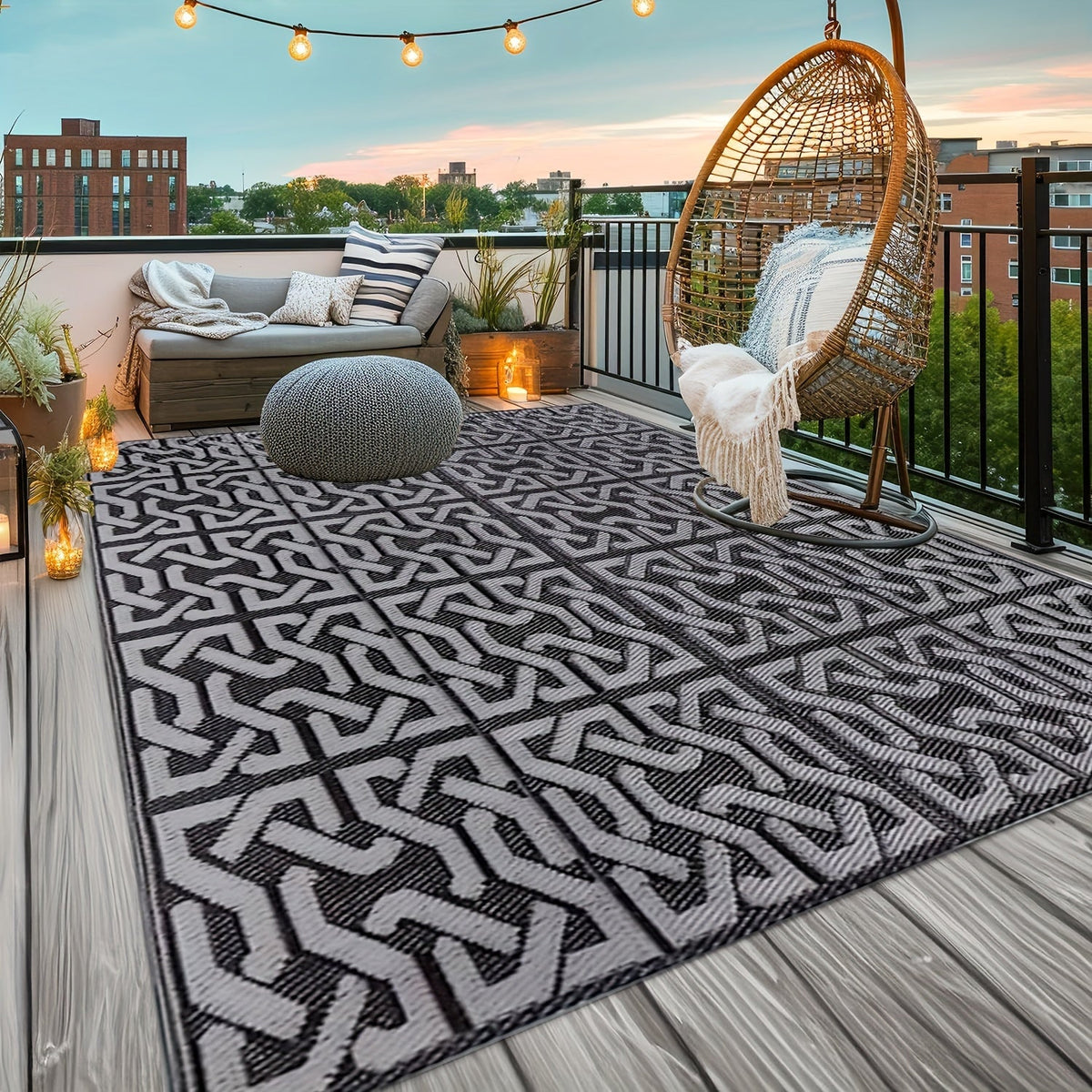 Outdoor Rug Reversible Geometric Black Grey Patio Mat