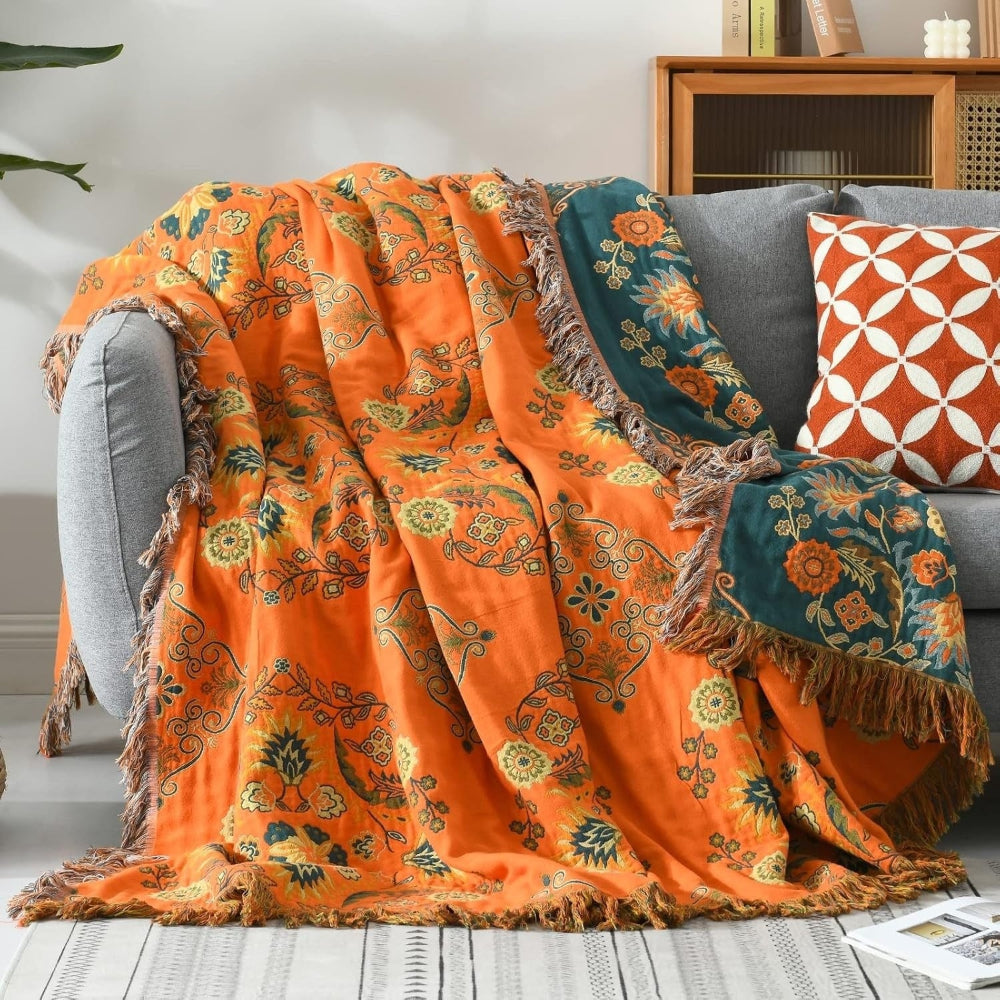 Throw Blanket Cotton Reversible Fringe Washable