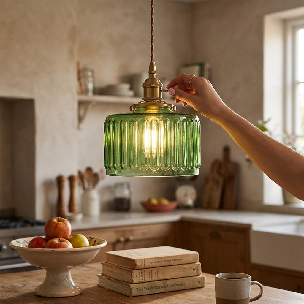 Green Glass Pendant Light Adjustable Hanging