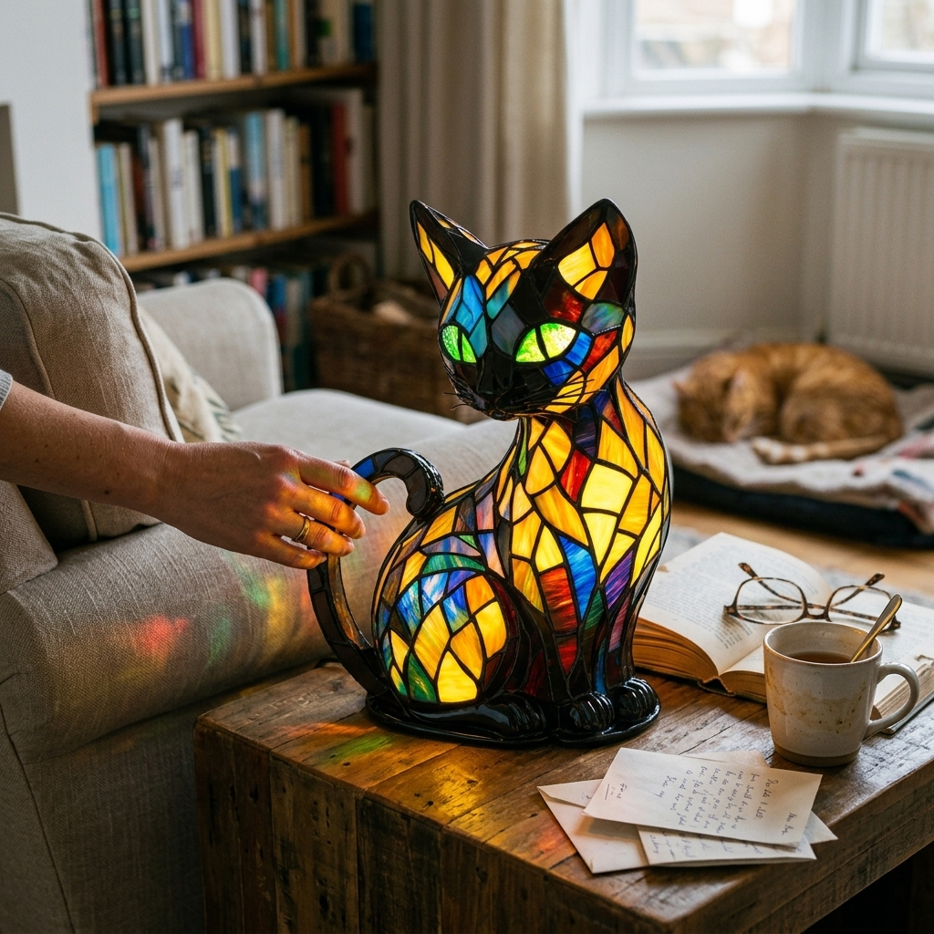 Cat Night Light Stained Glass Lamp Unique Curve Base