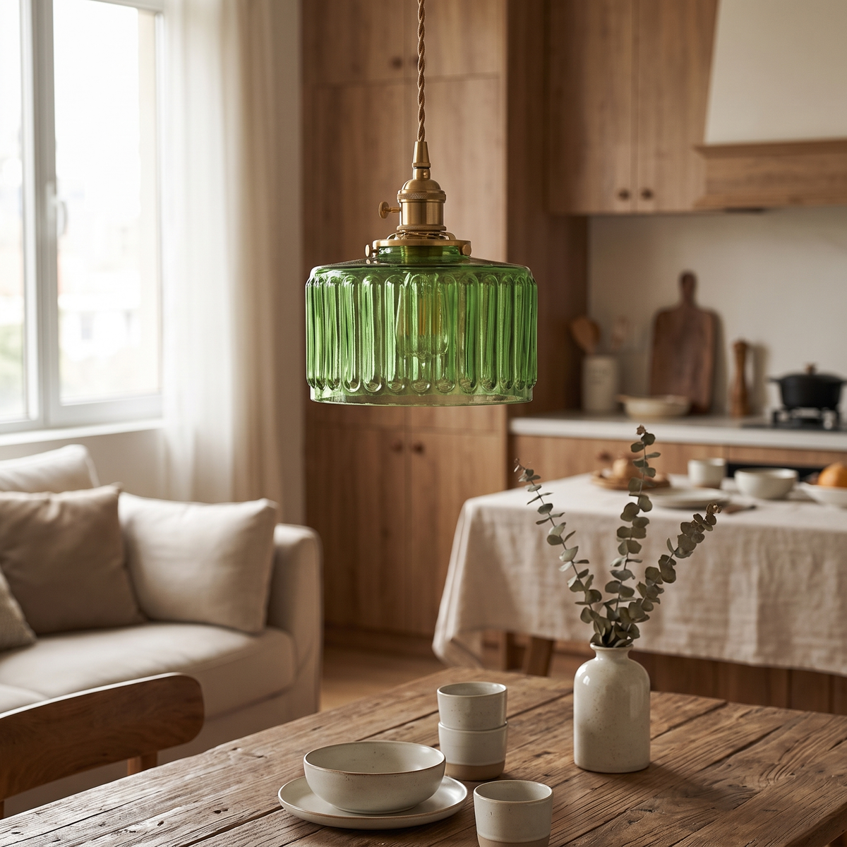 Green Glass Pendant Light styled in a home