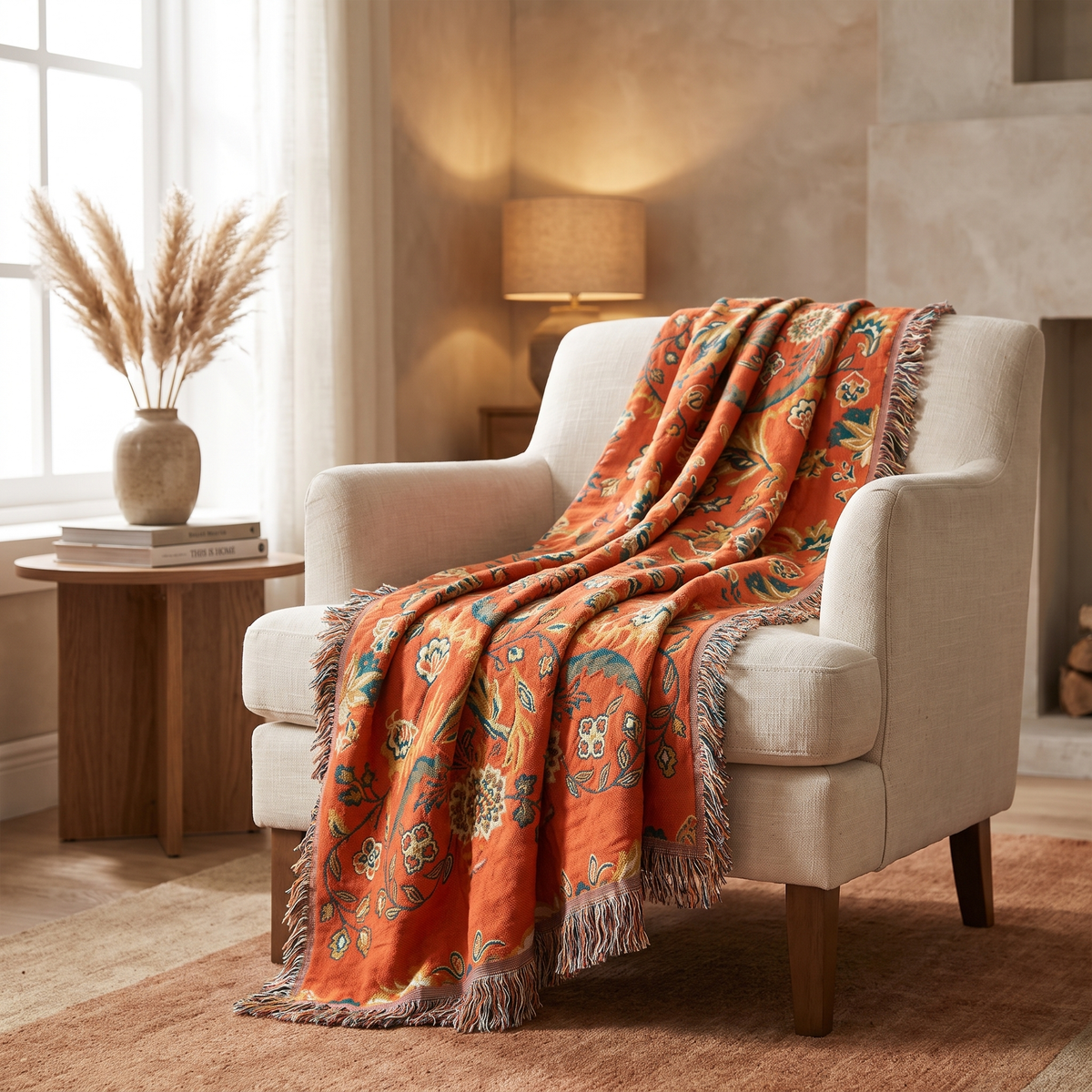 Reversible cotton fringe throw in terracotta floral
