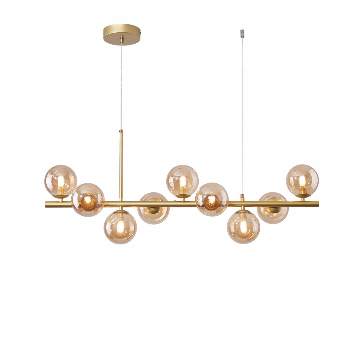Nine head glass ball chandelier, gold body with cognac glass shades