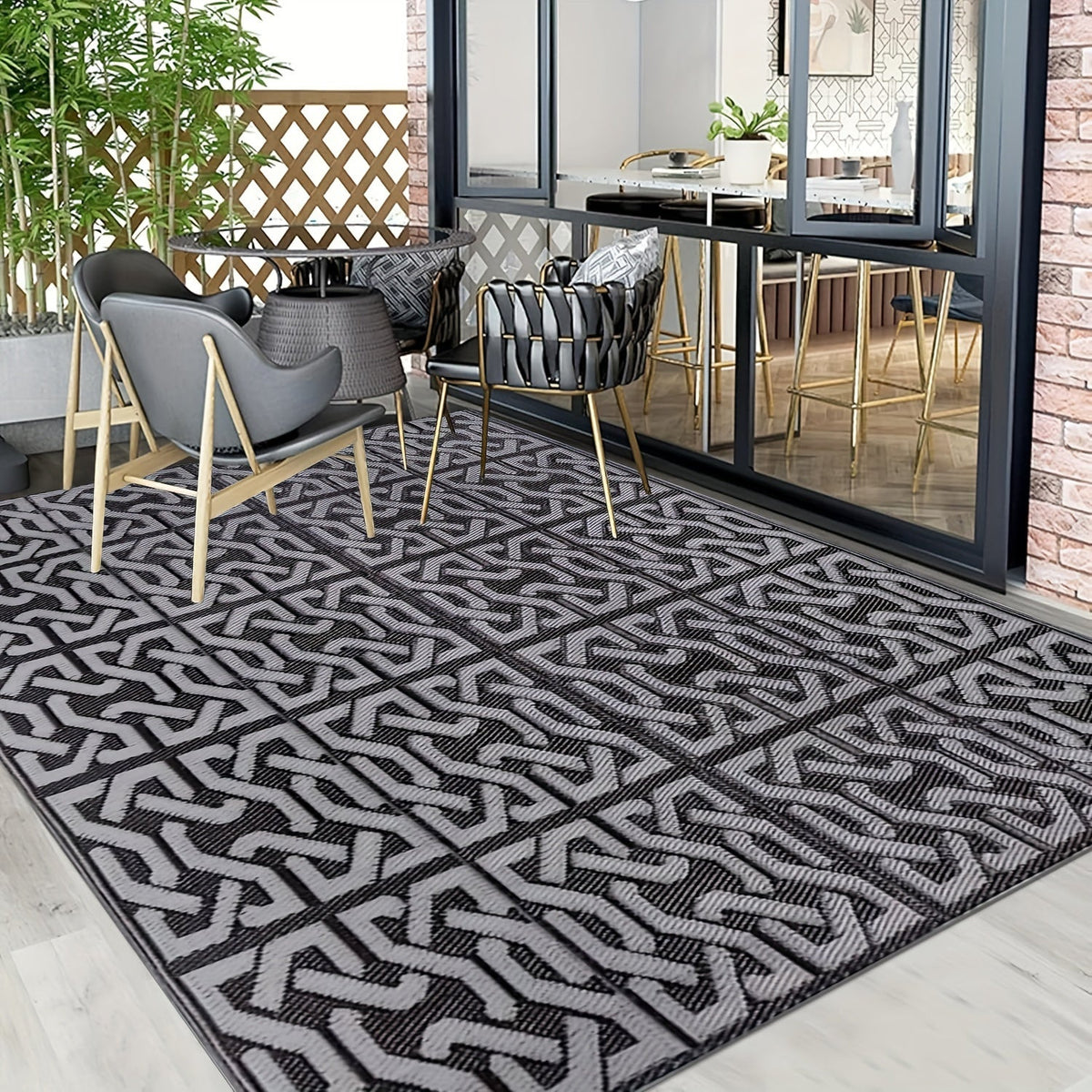 Outdoor Rug Reversible Geometric Black Grey Patio Mat