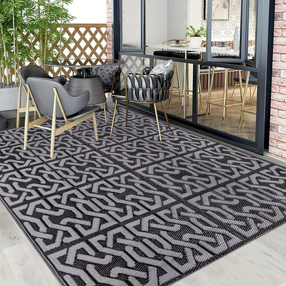 Outdoor Rug Reversible Geometric Black Grey Patio Mat
