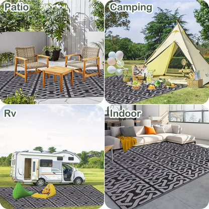 Outdoor Rug Reversible Geometric Black Grey Patio Mat