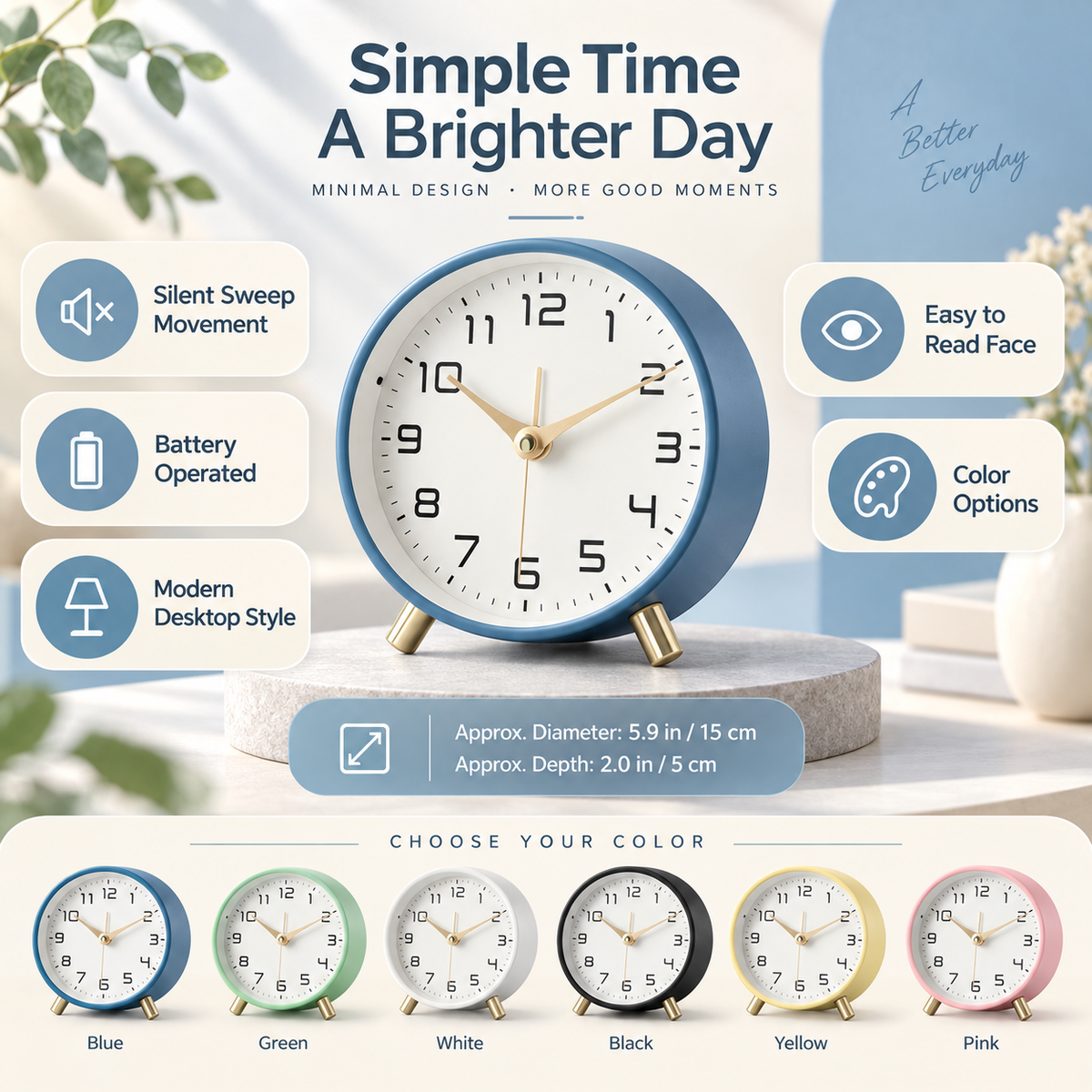 Table Clock Scandinavian Wood Silent Non Ticking