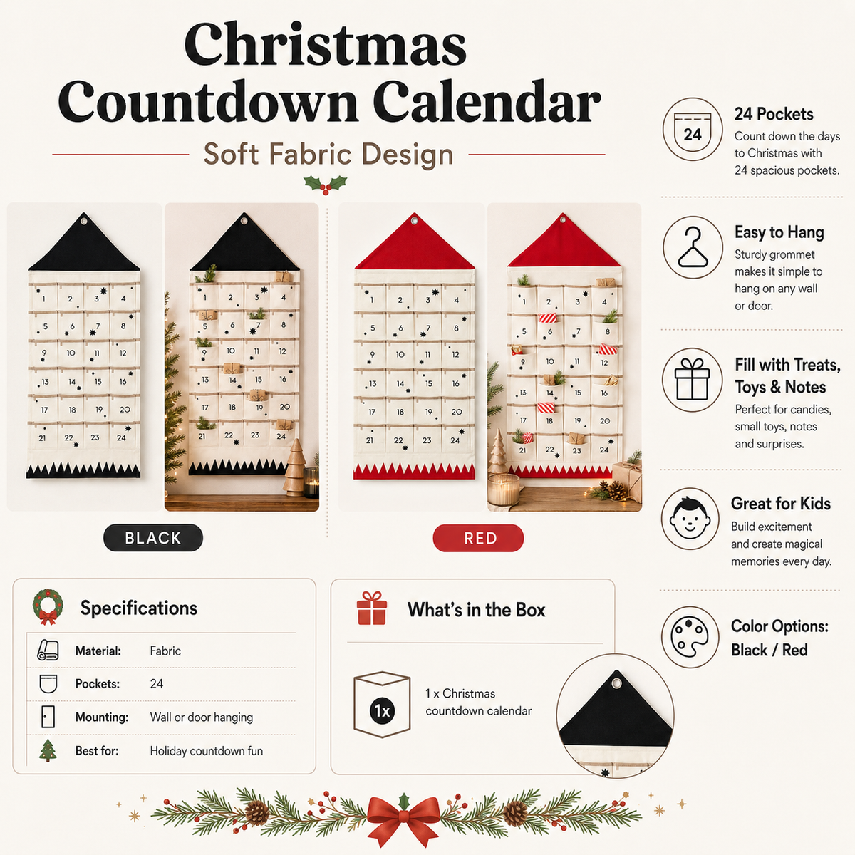 Advent Calendar Fabric 24 Pocket Hanging Countdown