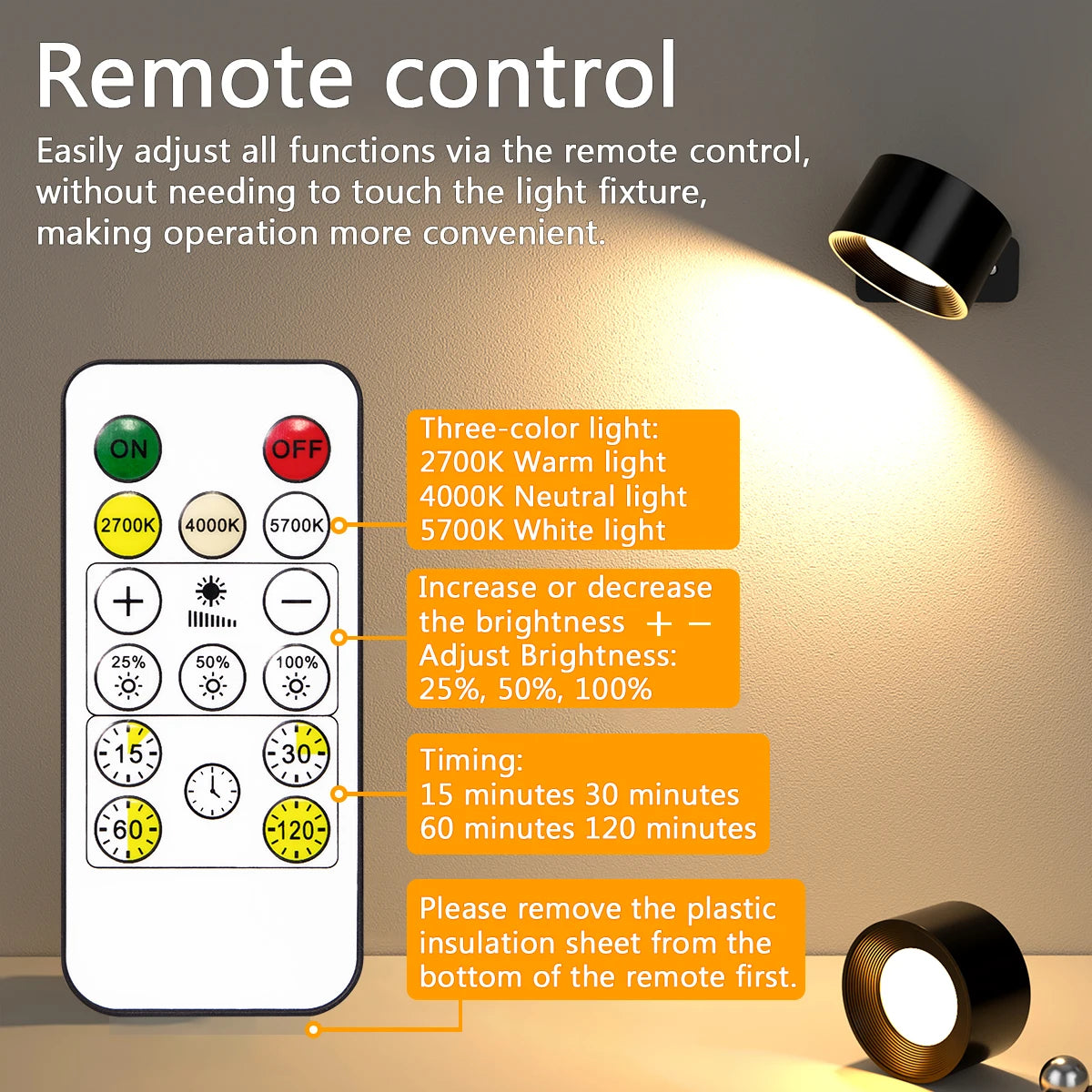 Wall Light Rechargeable LED Remote 3 Colour Dimmable