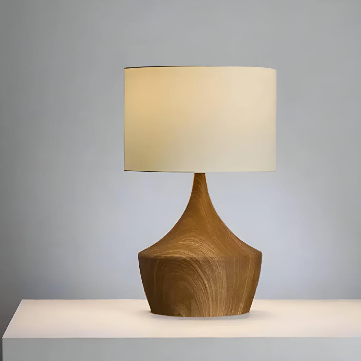 Bedside Table Lamp Oak Japandi Linen Shade Warm LED