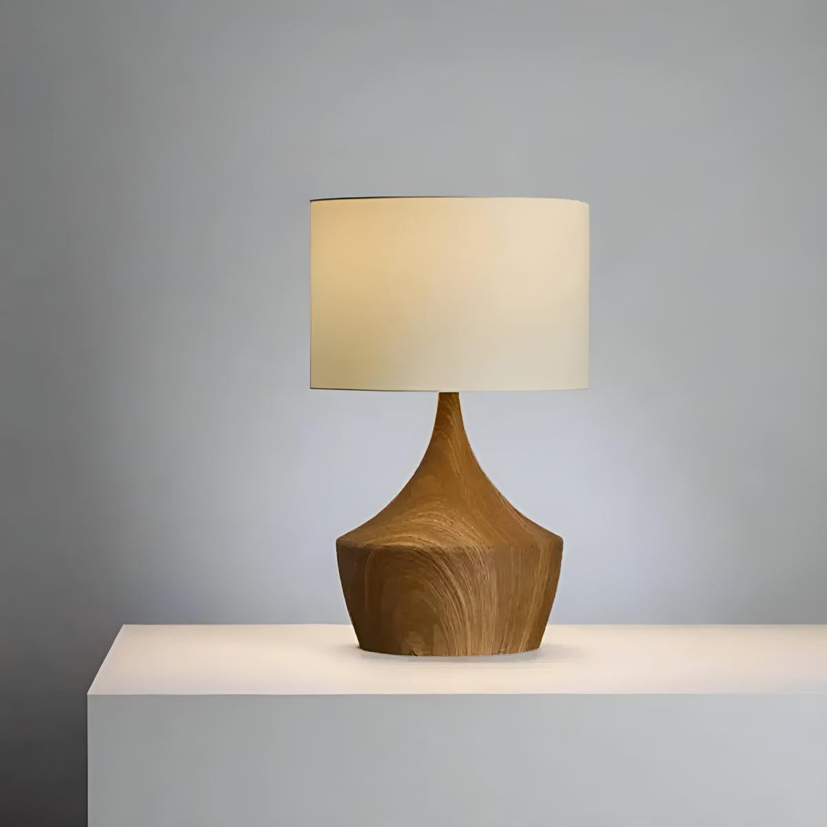 Bedside Table Lamp Oak Japandi Linen Shade Warm LED