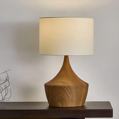 Bedside Table Lamp Oak Japandi Linen Shade Warm LED
