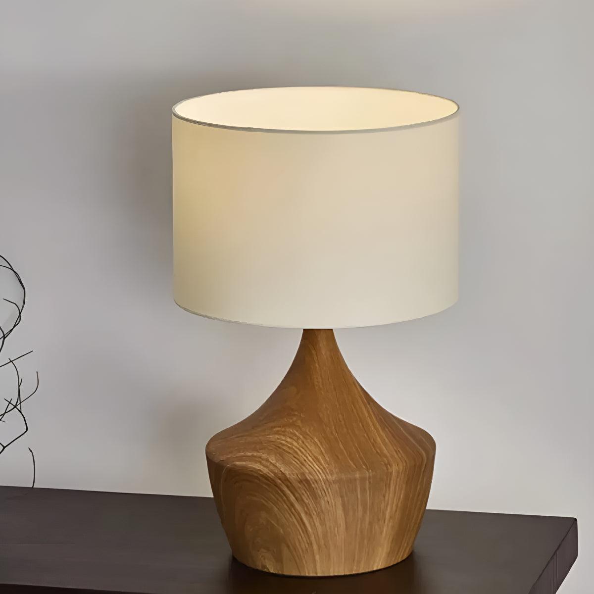 Bedside Table Lamp Oak Japandi Linen Shade Warm LED