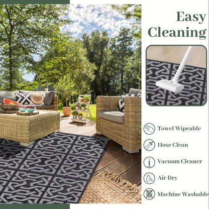 Outdoor Rug Reversible Geometric Black Grey Patio Mat