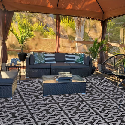 Outdoor Rug Reversible Geometric Black Grey Patio Mat