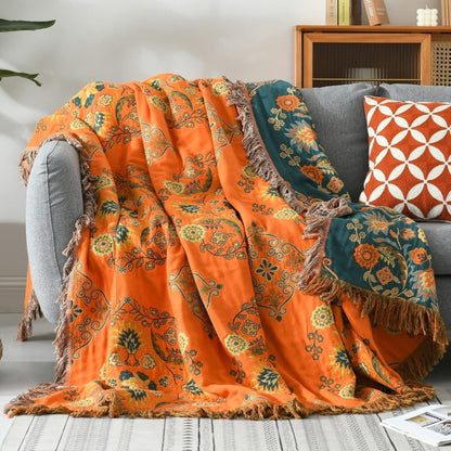Throw Blanket Cotton Reversible Fringe Washable