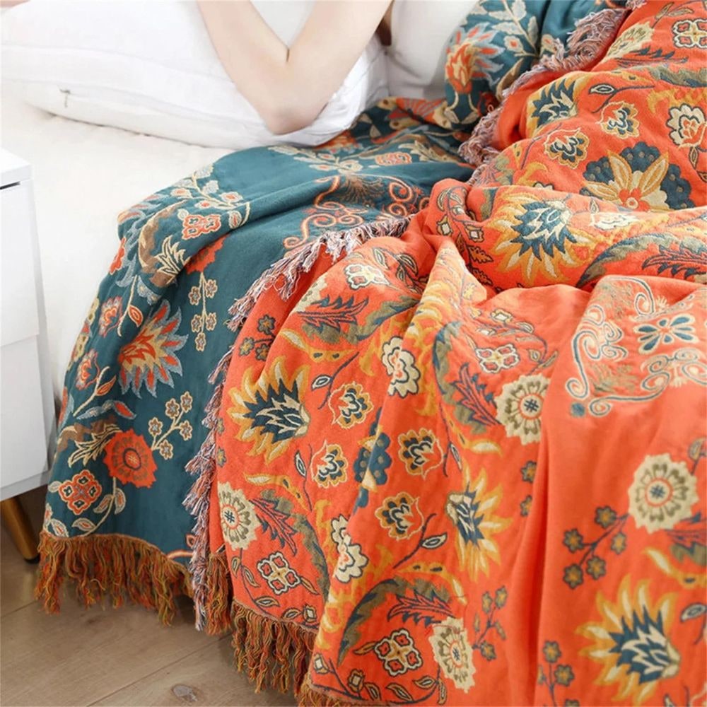 Throw Blanket Cotton Reversible Fringe Washable