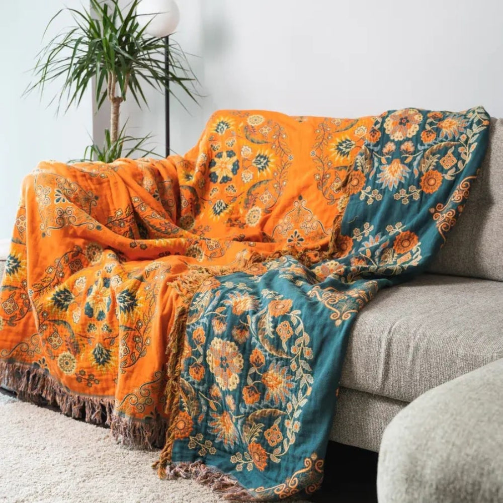 Throw Blanket Cotton Reversible Fringe Washable