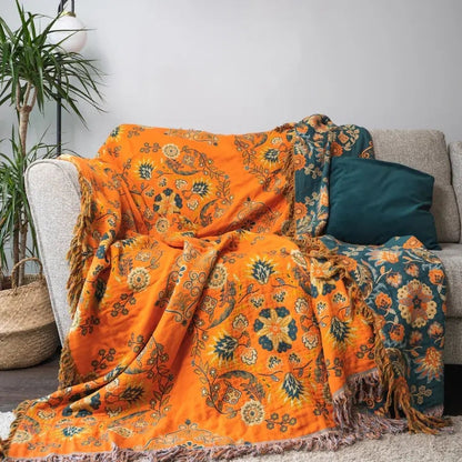 Throw Blanket Cotton Reversible Fringe Washable