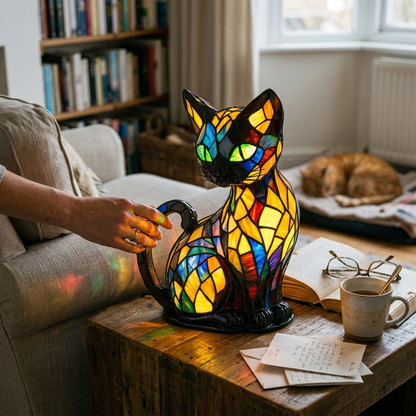 Cat Night Light Stained Glass Lamp Unique Curve Base