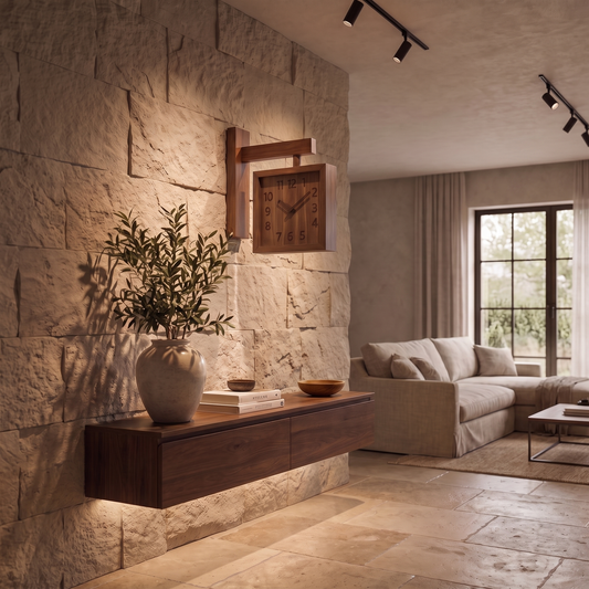 Double Sided Wooden Wall Clock mounted on a stone feature wall in an open plan living room