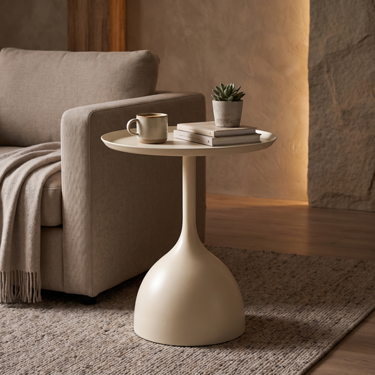 Cream white Round Tray Top Metal Side Table beside a sofa