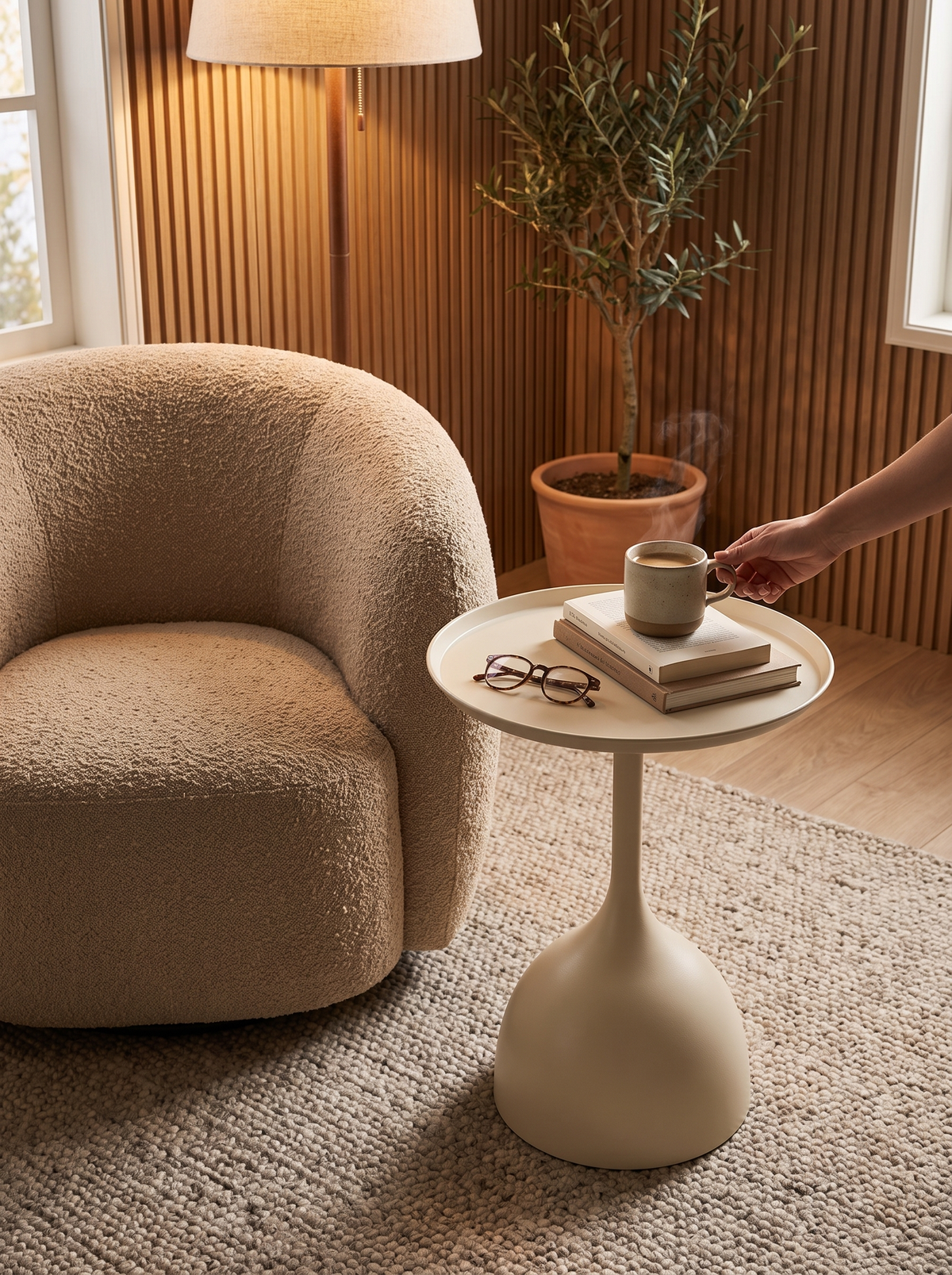 Round Tray Top Metal Side Table in a compact reading corner