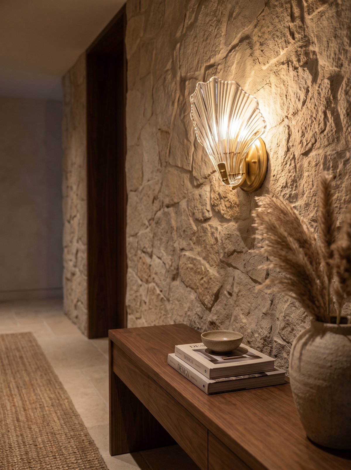 Shell Glass Wall Sconce on a stone feature wall