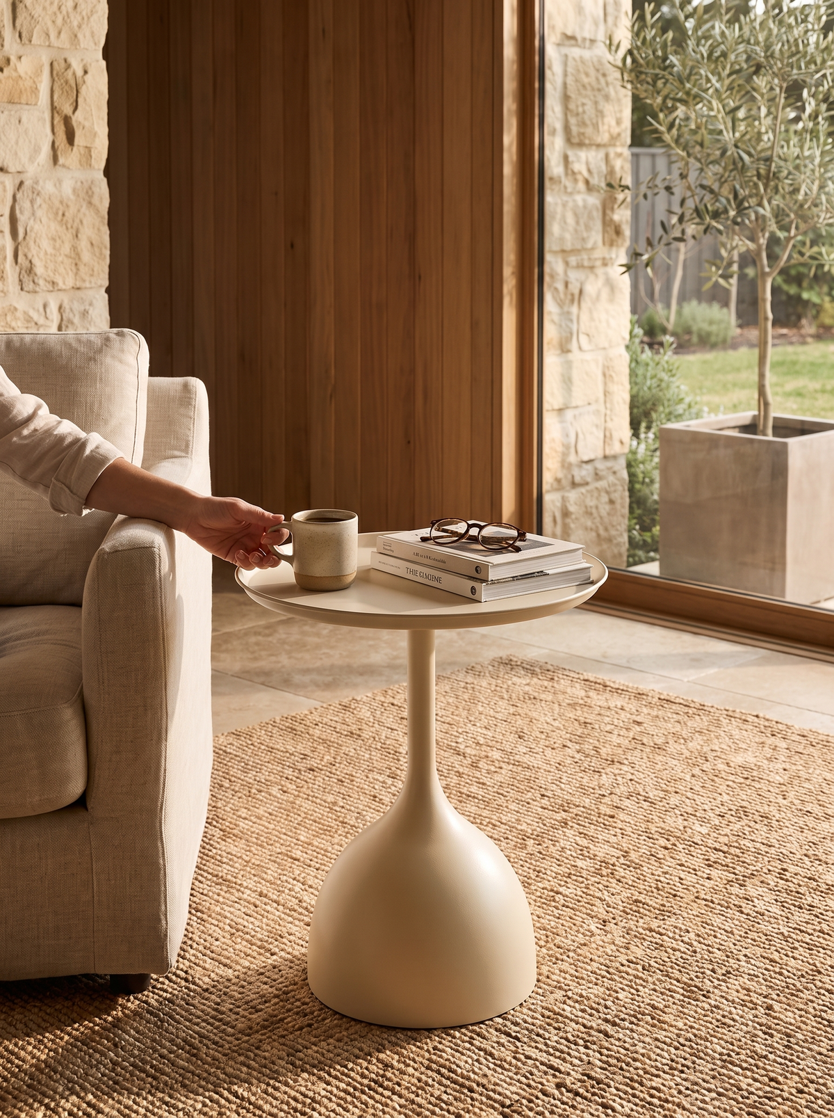 Round Tray Top Metal Side Table holding a coffee cup beside a lounge chair