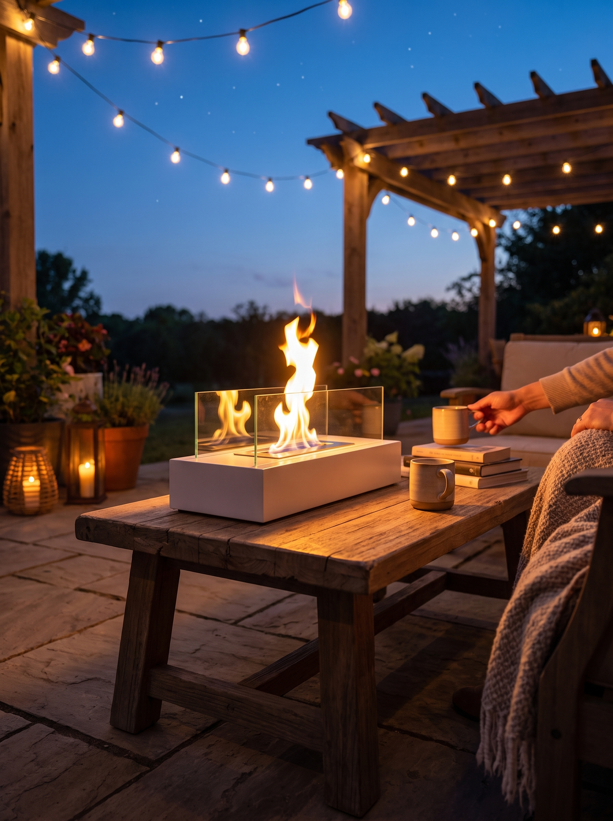Tabletop Bio Ethanol Fireplace on an outdoor patio table at dusk