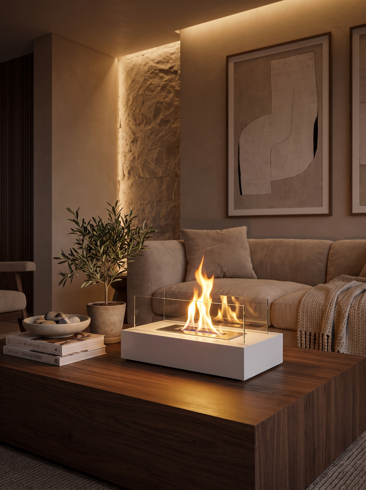 Tabletop Bio Ethanol Fireplace on a coffee table in a modern lounge