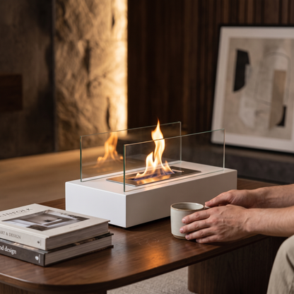 Tabletop Bio Ethanol Fireplace lit on a coffee table