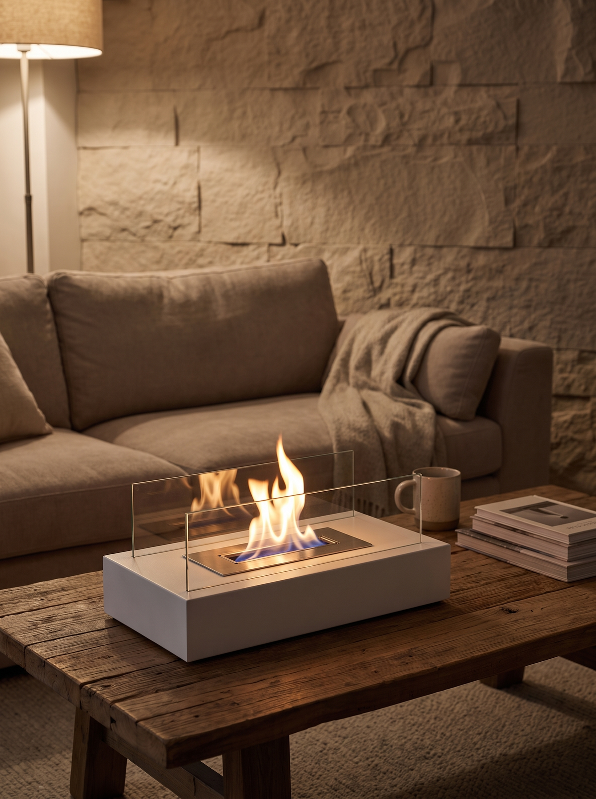 Tabletop Bio Ethanol Fireplace lit on a living room coffee table
