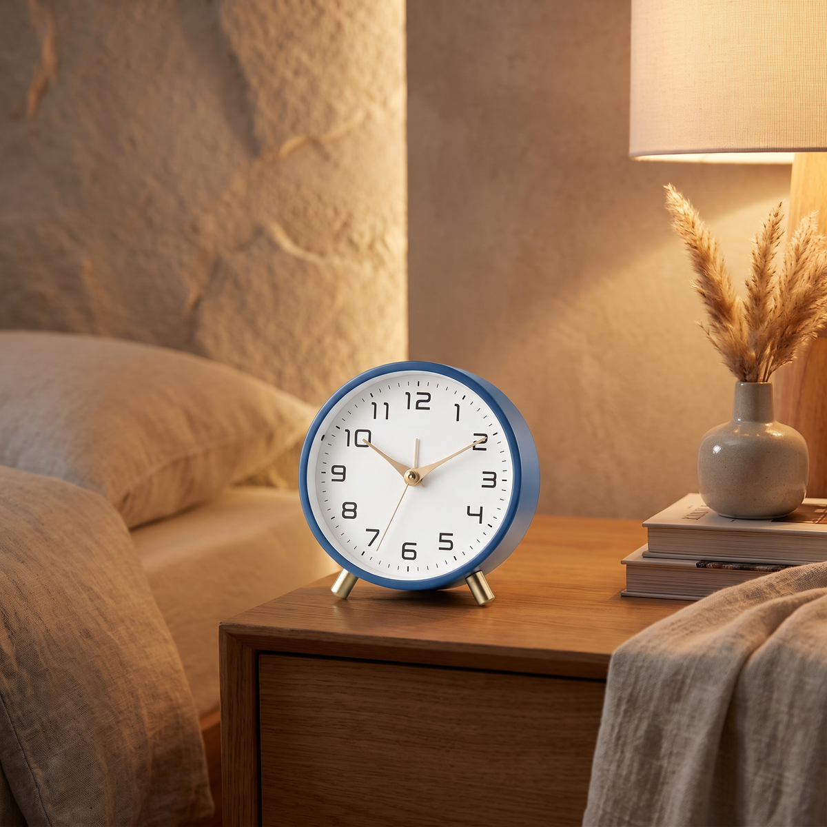 Silent Scandinavian Table Clock in blue on a bedside table