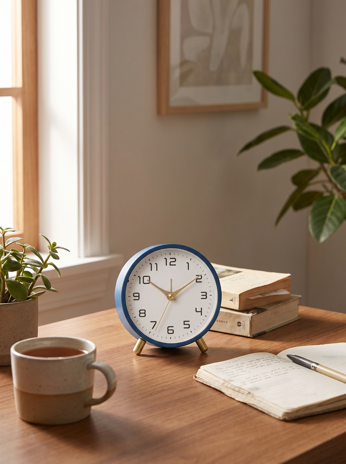 Silent Scandinavian Table Clock on a sunlit desk
