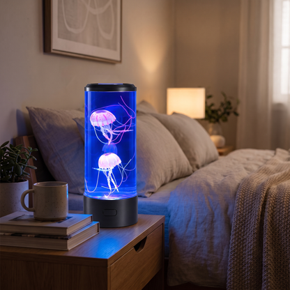 Colour Changing Jellyfish Lamp glowing beside a bed