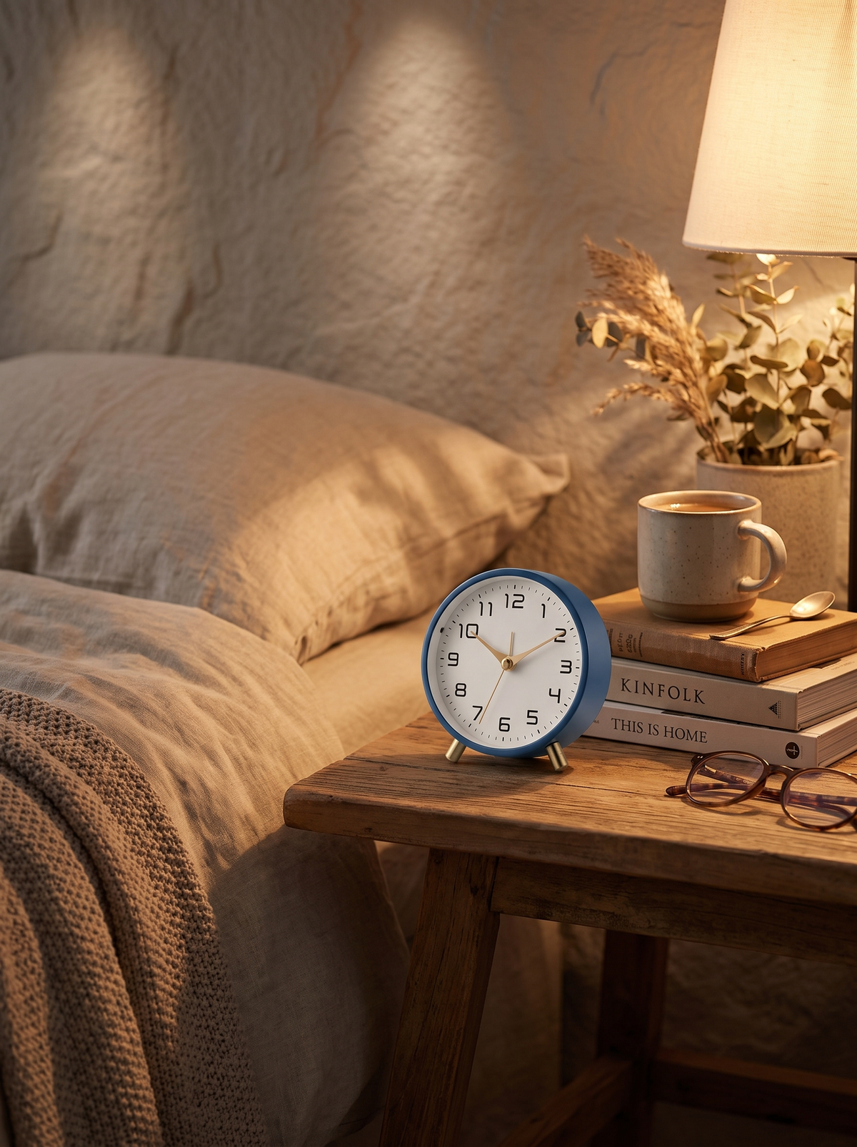 Silent Scandinavian Table Clock beside a bed with books