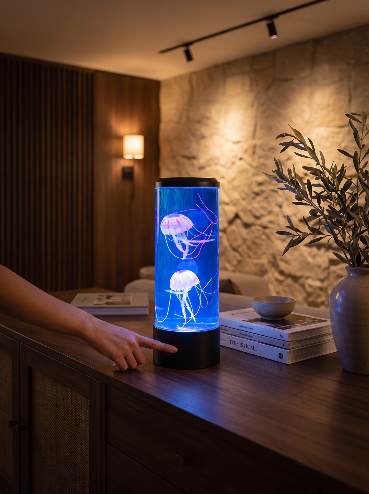 Colour Changing Jellyfish Lamp on a desk in the evening