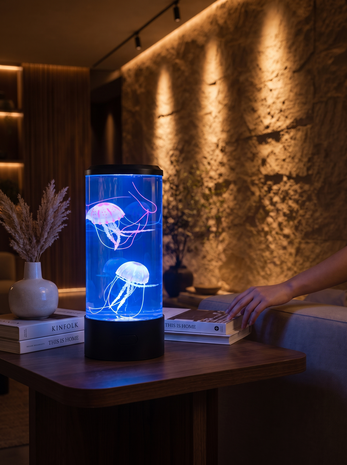 Colour Changing Jellyfish Lamp glowing on a sideboard