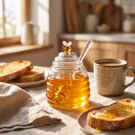 Beehive Glass Honey Jar with Dipper filled with honey on a breakfast table