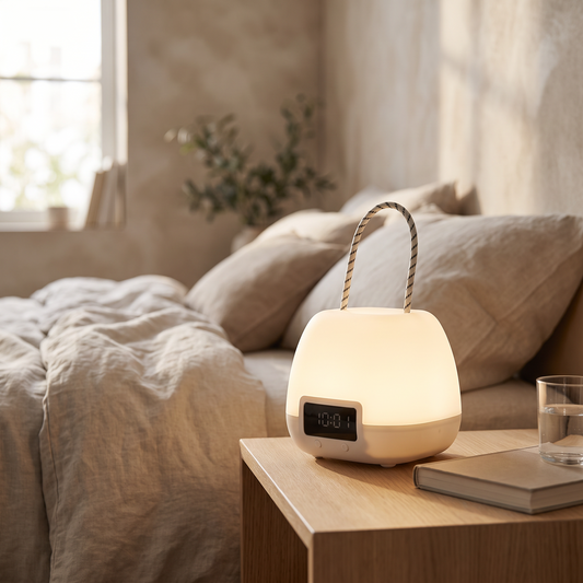 Sunrise Alarm Clock Wake Up Light on a calm bedside table in morning light