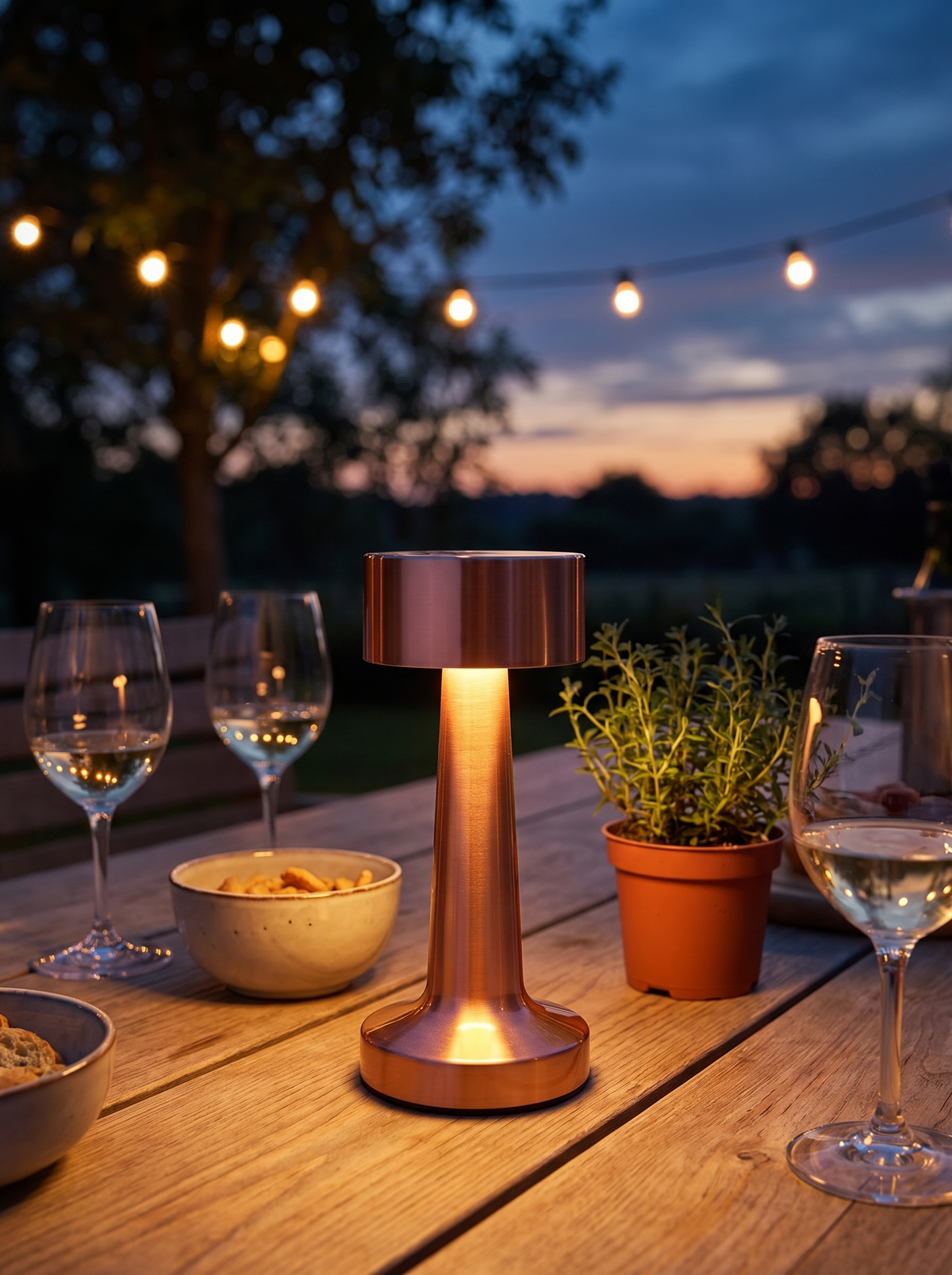Cordless table lamp glowing on an outdoor dining table at dusk