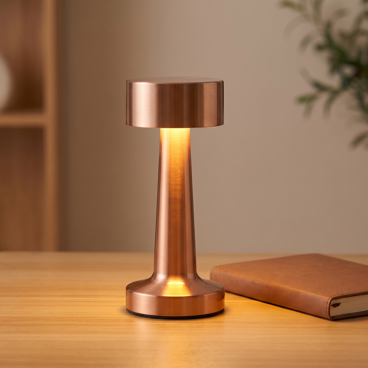 Rechargeable touch dimmable desk lamp lit on a clean desk