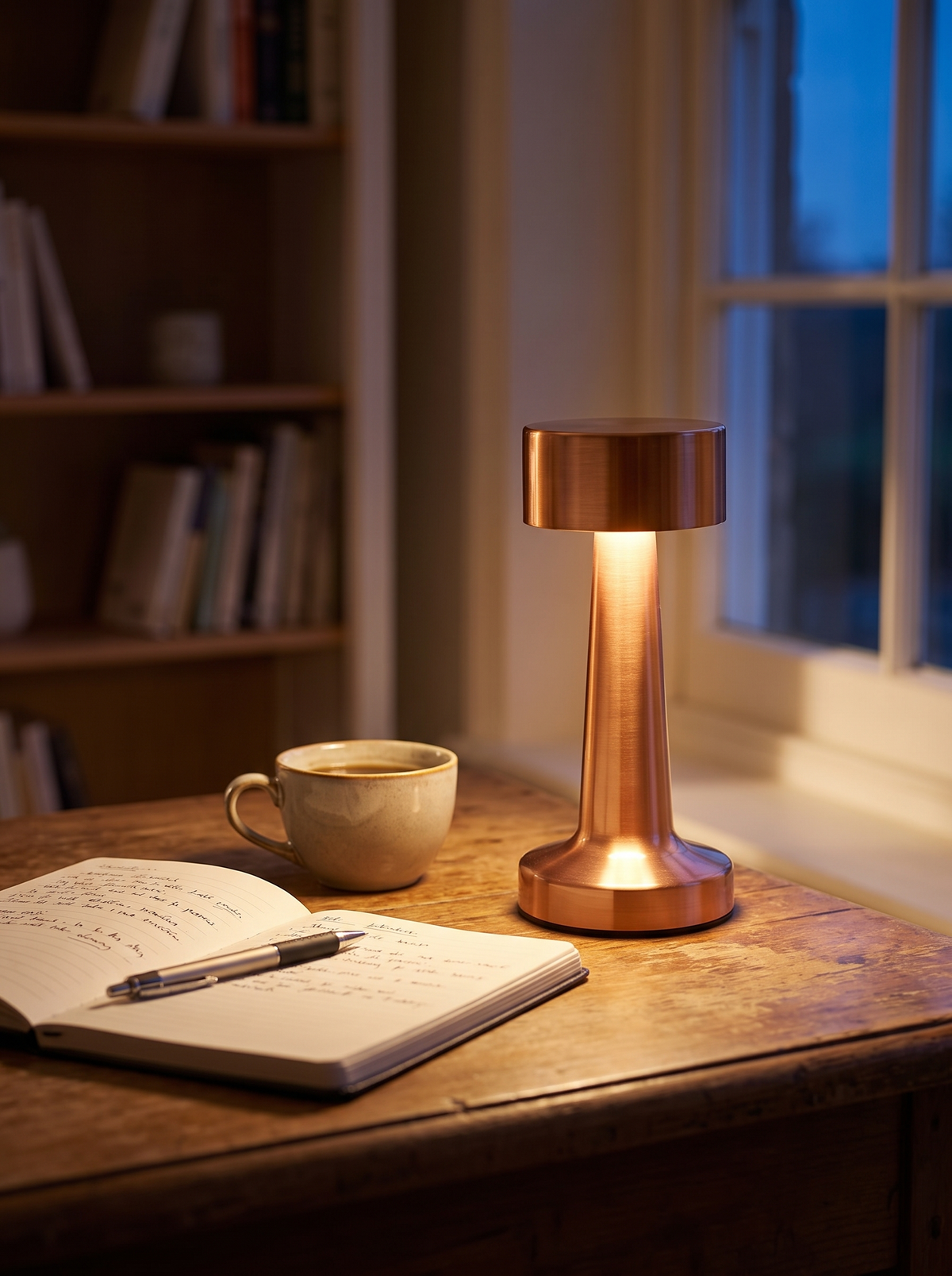 Rechargeable touch dimmable desk lamp lit beside a notebook on a desk